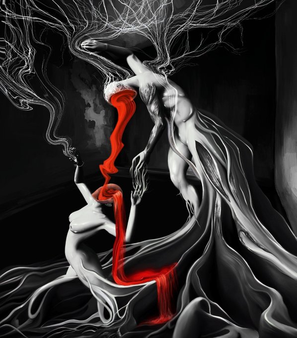 Surreal black and white digital artwork featuring ethereal figures with flowing hair and red fabric, one figure appears to be dancing above another seated figure.