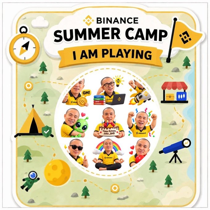A Binance 'Summer Camp - I am playing' promotional graphic featuring stickers of CZ (Changpeng Zhao), including his 'GM!', 'And Chillax John', and 'Layer Cake' memes.