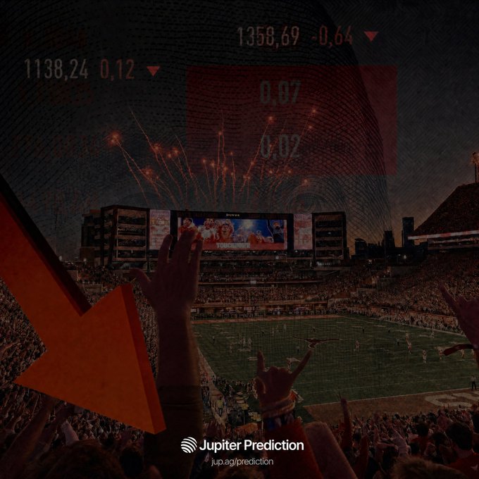 A football stadium filled with cheering fans is overlaid with red stock market numbers and arrows, plus a 'Jupiter Prediction jup.ag/prediction' watermark.