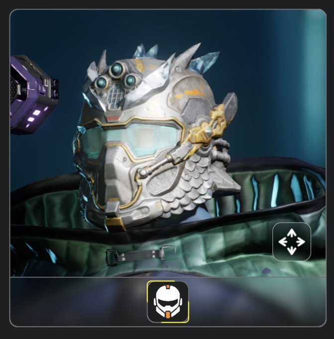 Digital artwork of a futuristic sci-fi soldier wearing a white and gold helmet with blue accents and scale-like armor, set against a dark background.