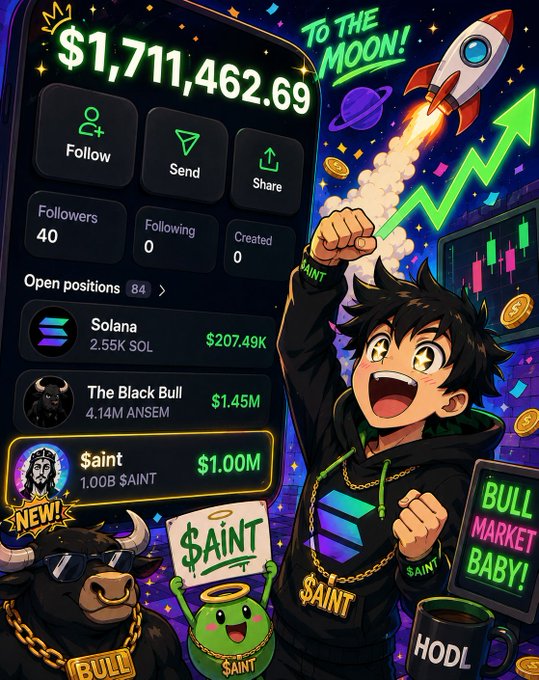A cartoon-style promotional graphic shows an excited anime character cheering with a "TO THE MOON!" rocket and rising green chart, alongside a portfolio app displaying a balance of **$1,711,462.69**, a **$aint** token holding worth **$1.00M** (1.00B SAINT), plus positions in **Solana (2.55K SOL at $207.49K)** and **The Black Bull (4.14M ANSEM at $1.45M)**. Surrounding elements like "BULL MARKET BABY!", "HODL", and a "$AINT" sign reinforce the crypto hype tied to the giveaway call-to-action asking users to drop their $SOL address, retweet, and follow for a chance to win.