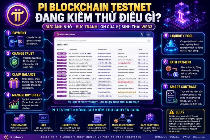 A promotional infographic in Vietnamese titled 'PI BLOCKCHAIN TESTNET ĐANG KIỂM THỬ ĐIỀU GÌ?' outlining features like Payment, Change Trust, Claim Balance, Liquidity Pool, and Smart Contract.