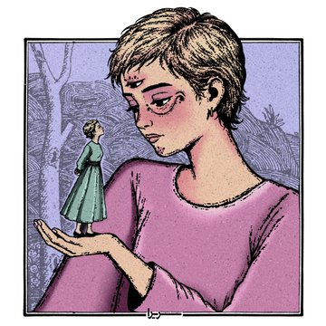 An illustration of a sad-looking person in a pink shirt holding a small woman in a green dress in the palm of their hand.