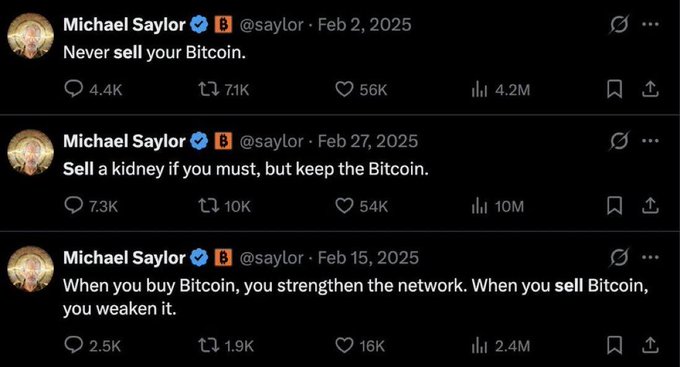 The image shows a screenshot of a Twitter post by Michael Saylor, which includes three different tweets about Bitcoin. The first tweet is from Michael Saylor himself, stating that he has sold his bitcoins for $BTC. The second tweet is from another user named @Saylor, who says that they have bought the Bitcoins and are now holding them. The third tweet is from a third user named @FocusOnTheFlywheels, who mentions that Strategy owns 4.2% of all Bitcoin ever mined. They also discuss how the flywheel works and why it changed everything in terms of Bitcoin's value.