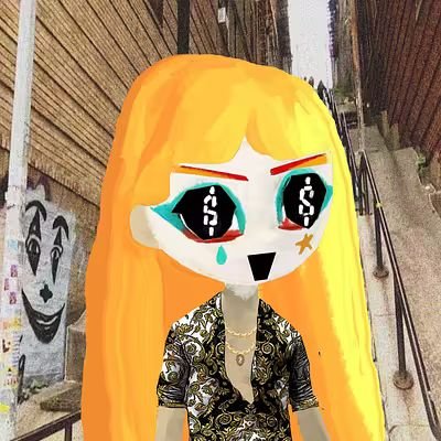 An AR-style image shows a person standing in an outdoor stairway, overlaid with a cartoon avatar of a girl with long orange hair, large anime-style eyes with dollar signs in them, and a patterned shirt.