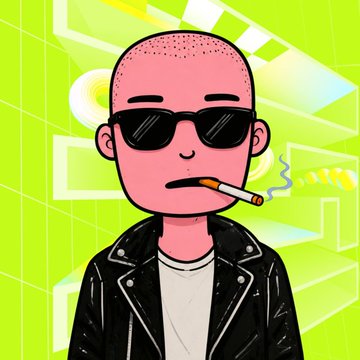 A cartoon avatar of a bald man wearing sunglasses, a black leather jacket, and smoking a cigarette against a vibrant green background. The image appears to serve as a profile picture for a user sharing today's free and affordable NFT mint listings on August 16.