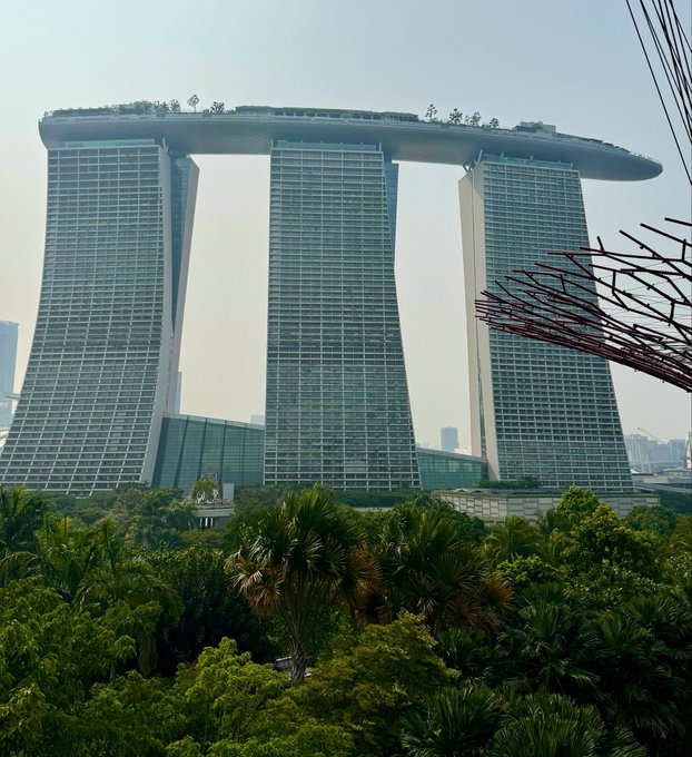 A view of the Marina Bay Sands hotel in Singapore, showing its three towers connected by the SkyPark on top, seen from across a lush green park.