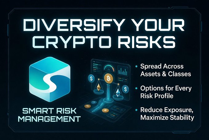 A bold graphic titled "DIVERSIFY YOUR CRYPTO RISKS" featuring the "S" logo and "SMART RISK MANAGEMENT" branding, alongside key benefits: "Spread Across Assets & Classes," "Options for Every Risk Profile," and "Reduce Exposure, Maximize Stability," with Bitcoin and Ethereum icons and a balance scale illustration. The image visually reinforces the post's message about crypto risk management by highlighting diversification strategies to protect investments across different digital assets.