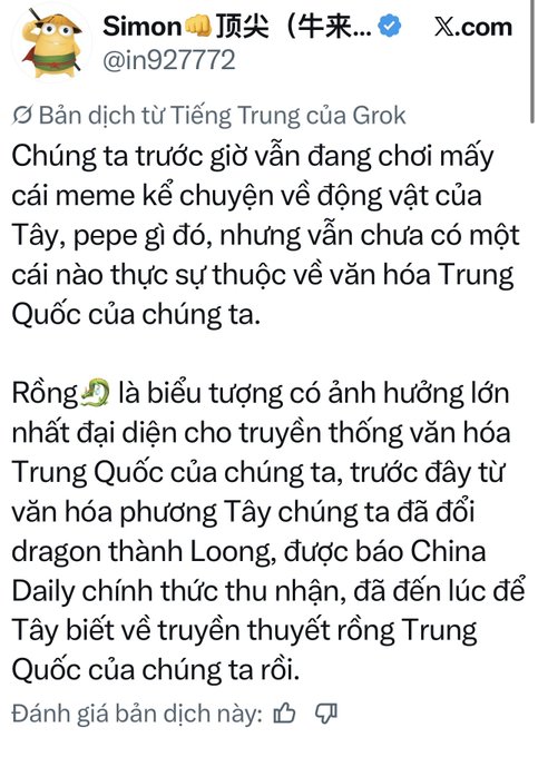 A translated tweet from user 'Simon 顶尖' (in Vietnamese) discusses how Western culture previously changed 'dragon' to 'Loong' as officially recognized by China Daily, stating it is time for the West to understand Chinese dragon legends.