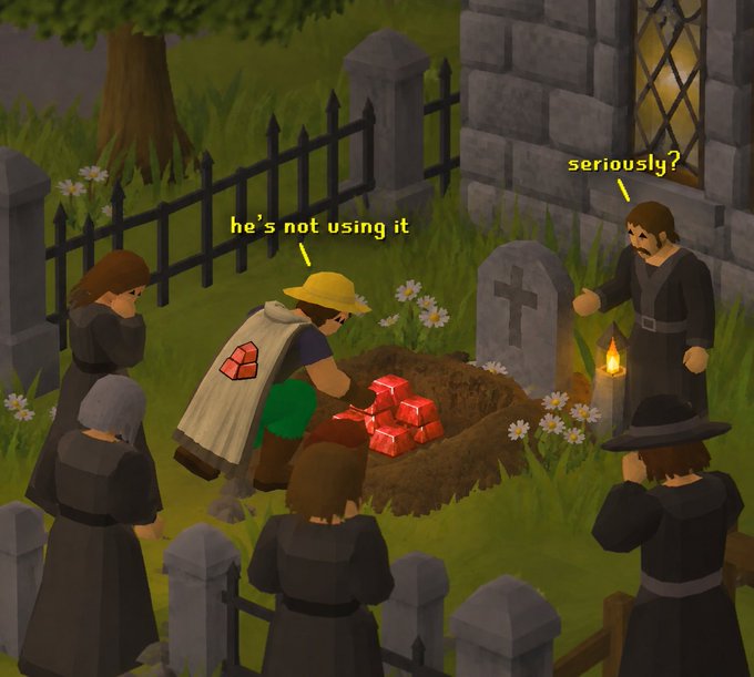 A video game scene showing a character in a straw hat dumping red gem-like items into a grave while mourners watch, with dialogue text 'he's not using it' and 'seriously?'