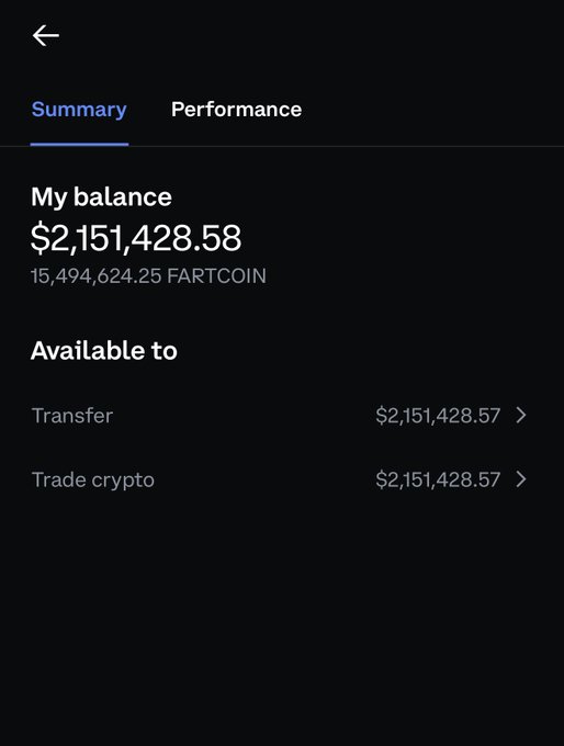A screenshot of a crypto portfolio showing a balance of $2,151,428.58 (15,494,624.25 FARTCOIN) with nearly all of it available to transfer or trade, illustrating the author's position after reportedly "top blasting" $2.4m of Fartcoin. The image serves as visual proof of their sizable meme coin holdings amid their broader thesis questioning retail's motivations in crypto cycles.
