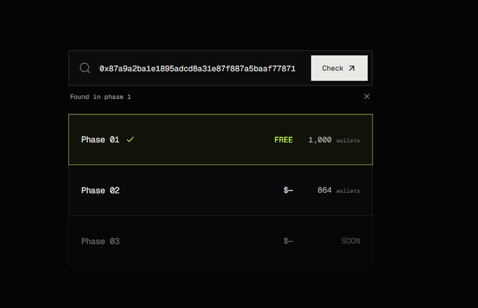 A cryptocurrency wallet checker interface showing a search field with a wallet address (0x87a9a2ba1e1895adcd8a31e87f887a5baaf77871), displaying 'Phase 01' as FREE with 1,000 wallets claimed, while 'Phase 02' and 'Phase 03' remain upcoming.