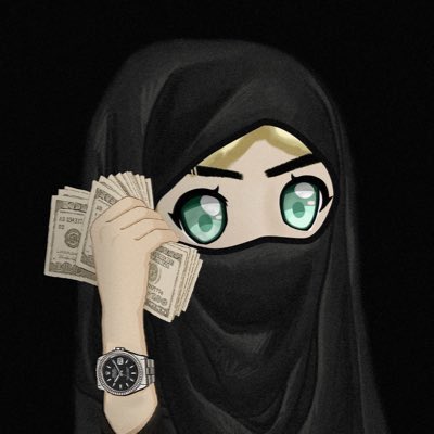 A chibi-style anime character wearing a black niqab peeks over a fan of US dollar bills while showing off a wristwatch, against a black background. The image relates to the post's theme of "Money Calls" and the temptation (FOMO) to return to Singapore for Token 2049, symbolizing the allure of crypto profits and luxury.