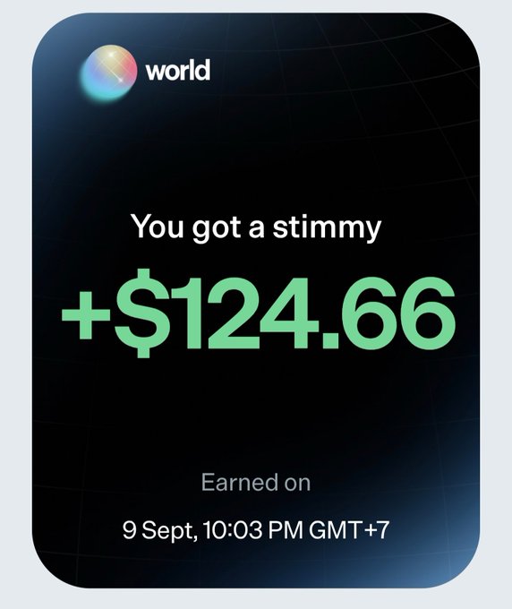 A Worldcoin app notification reads 'You got a stimmy +$124.66', earned on 9 Sept at 10:03 PM GMT+7, displayed against a dark blue background.