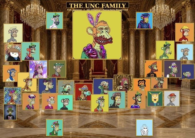 A collage titled 'THE UNC FAMILY - Est. forever - All Original Characters Reserved' displayed over a grand palace interior with chandeliers, featuring numerous cartoon character portraits including monkeys, bears, and other creatures arranged in a family tree-like format.