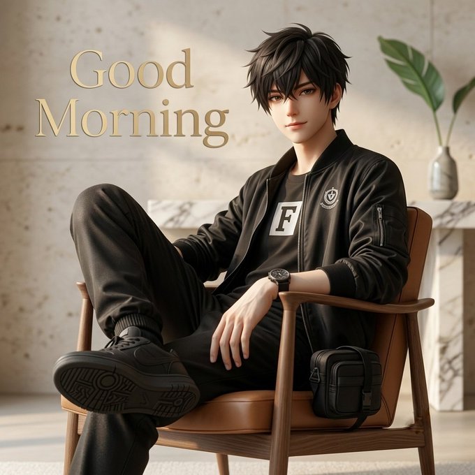 An anime-style character lounges casually in a modern chair, wearing a black jacket featuring a prominent "F" logo, with "Good Morning" displayed in elegant gold lettering in the background. The relaxed, confident pose and morning greeting visually reinforce the post's theme of starting the day strong by putting $RIVER to work and building passive rewards.