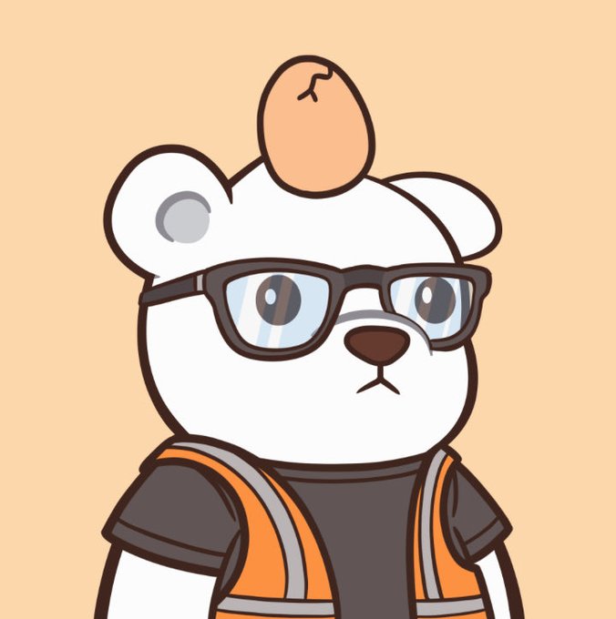 A cartoon illustration of a white bear character wearing glasses, a gray shirt, and an orange safety vest with an egg balanced on its head.