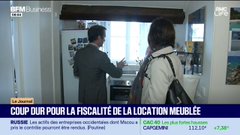 A screenshot from BFM Bourse showing two people in a retail store setting, with the headline 'COUP DUR POUR LA FISCALITÉ DE LA LOCATION MEUBLÉE' at the bottom along with stock tickers 'ALSTOM 22,62€' and 'CAPGEMINI 111,10€'.