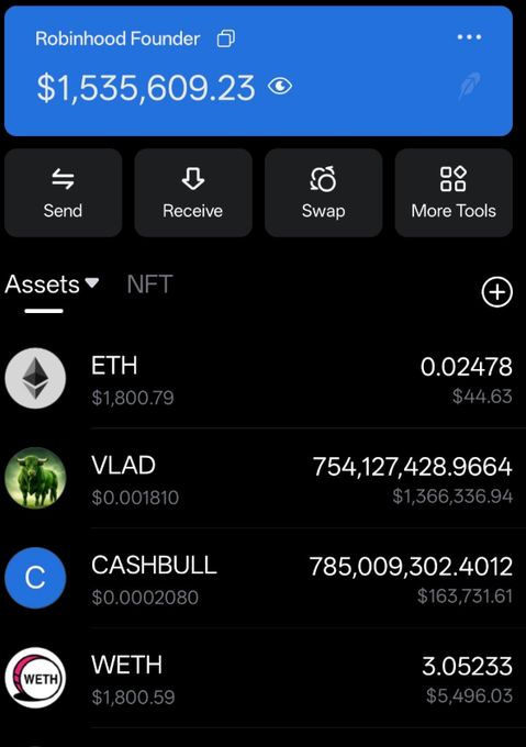 A cryptocurrency wallet showing a balance of $1,535,609.23 with holdings in ETH (0.02478), VLAD (754,127,428.9664), CASHBULL (785,009,302.4012), and WETH (3.05233).