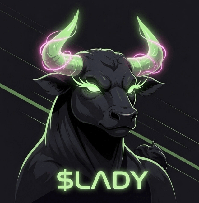 A digital illustration of a black bull with glowing green horns and eyes, featuring pink energy swirls around the horns and the text '$LADY' in glowing green letters.