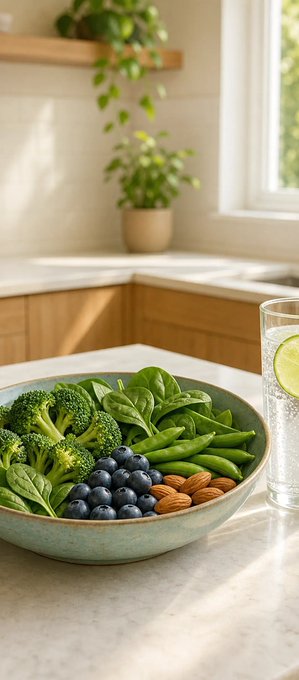 A ceramic bowl filled with fresh broccoli florets, blueberries, spinach, snap peas, and almonds sits on a marble countertop beside a glass of sparkling water with lime. A bright kitchen with wooden cabinets and green plants is visible in the background.
