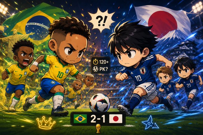 A chibi-style illustration depicts an intense soccer match between Brazil and Japan, with stylized players in yellow and blue jerseys battling for the ball on a vibrant field. The scoreboard shows "Brazil 2-1 Japan," accompanied by text elements "120+" and "PK?," alongside Brazilian and Japanese flags, visually tying into the user's bet predictions for both teams.
