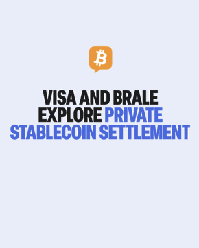 The image features a white background with blue text that reads "Visa and Brale explore private stablecoin settlement". The text is accompanied by an orange speech bubble containing the phrase "Focus on what is in the image and how it relates to the post." This suggests that the focus of this collaboration between Visa and Brale is on exploring privacy-enabled blockchain infrastructure for institutional payments.
