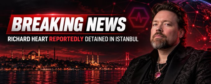 A breaking news graphic reading 'RICHARD HEART REPORTEDLY DETAINED IN ISTANBUL' with a photo of Richard Heart against an Istanbul skyline.