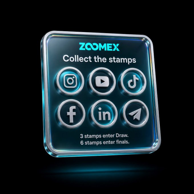 A promotional graphic for 'ZOOMEX' with the text 'Collect the stamps' featuring social media icons (Instagram, YouTube, TikTok, Facebook, LinkedIn, Telegram) and notes that '3 stamps enter Draw' and '6 stamps enter finals'.