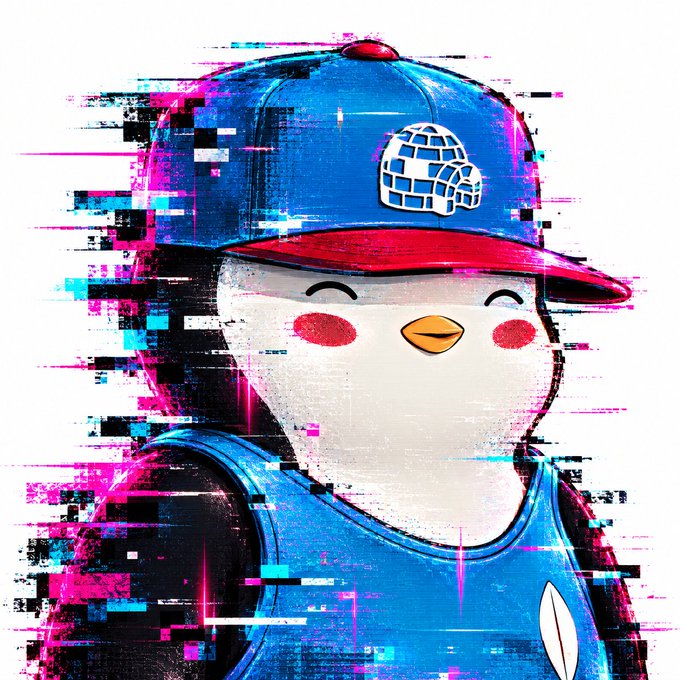 A stylized digital artwork features a smiling penguin character wearing a blue baseball cap with a globe logo and a blue tank top, set against a white background with pink and cyan glitch effects.