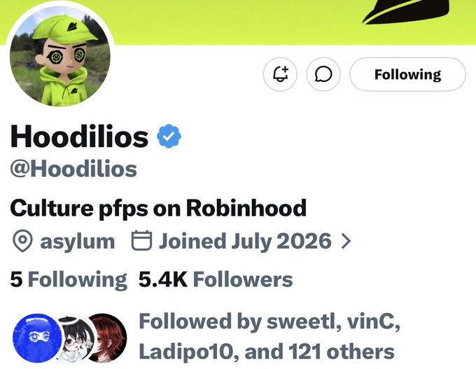 A Twitter profile for "Hoodilios" (@Hoodilios) with a verified blue checkmark, featuring a neon green cartoon mascot as the profile picture, and noting "Culture pfps on Robinhood" as the bio with 5.4K followers and 5 following. The post promotes Hoodilios as a community-first free mint project early in its Robinhood ecosystem launch, positioning it as a culture-forming opportunity while others chase established narratives.