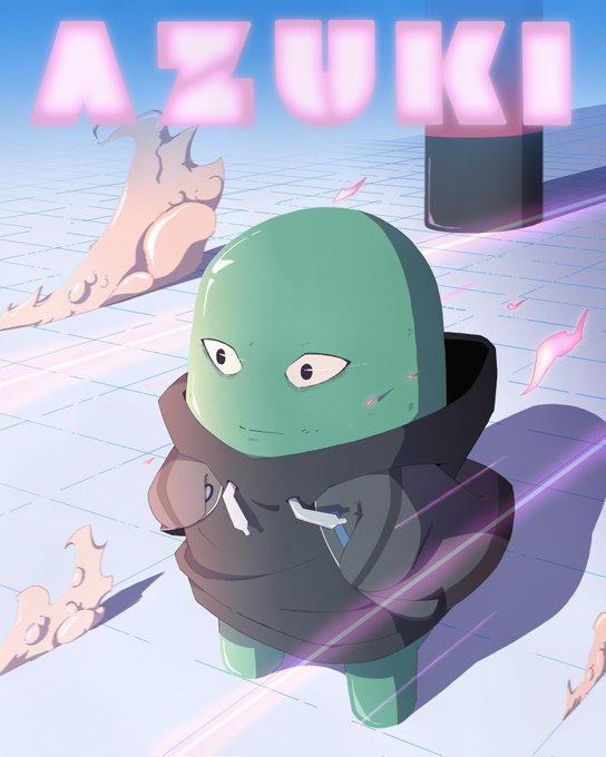 The image features a green, anthropomorphic character with big eyes and a small head, standing on a white surface against a blue sky background. The character appears to be wearing a black jacket and has a sword in its hand. The text "AZUKI" is written above the character's head, while "my ?" suggests that this could be an advertisement or promotional material for a game or series featuring the character.