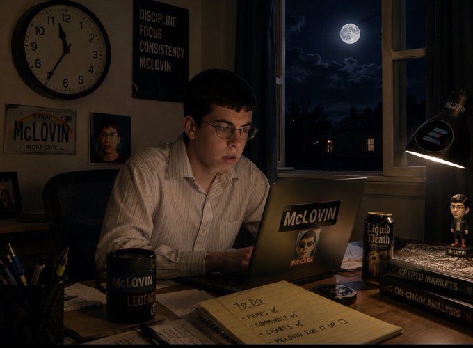 A young man with glasses works intensely on a laptop adorned with "McLOVIN" stickers in a dimly lit room at night, with a full moon visible through the window. The desk displays a "McLOVIN" mug, a "Liquid Death" can, books titled "Crypto Markets" and "On-Chain Analysis," and a to-do list including "Memes," "Community," and "Crates," alongside a poster reading "DISCIPLINE FOCUS CONSISTENCY MCLOVIN"—perfectly capturing the late-night grind mentality.