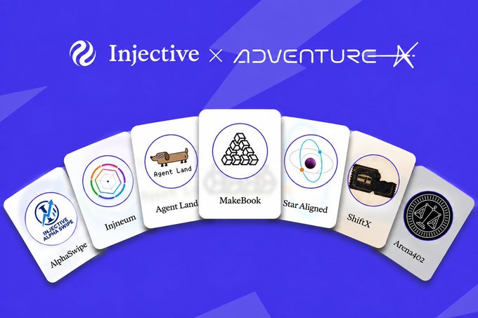 A promotional graphic for Injective x Adventure collaboration, displaying cards for projects including AlphaSwipe, Injeum, Agent Land, MakeBook, StarAligned, ShiftX, and Arena402.