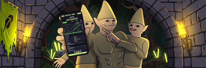 A cartoon illustration of three characters in pointed hats in a stone castle setting, with one holding up a smartphone displaying a trading chart and a price of $0.000021.