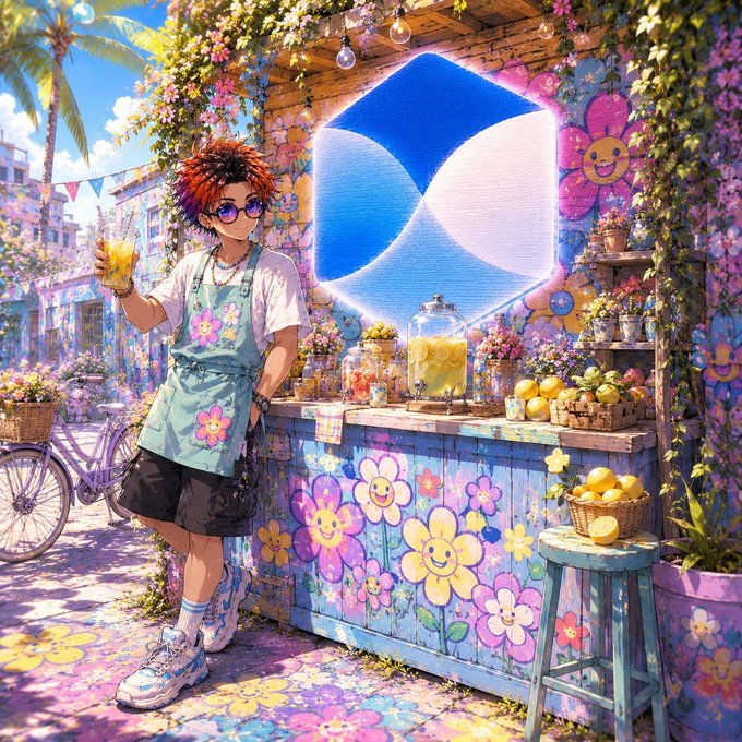 A vibrant anime-style illustration of a red-haired character in a flower-patterned apron holding a glass of orange juice in front of a colorful flower-decorated lemonade stand, with a blue and white logo on the wall behind them.