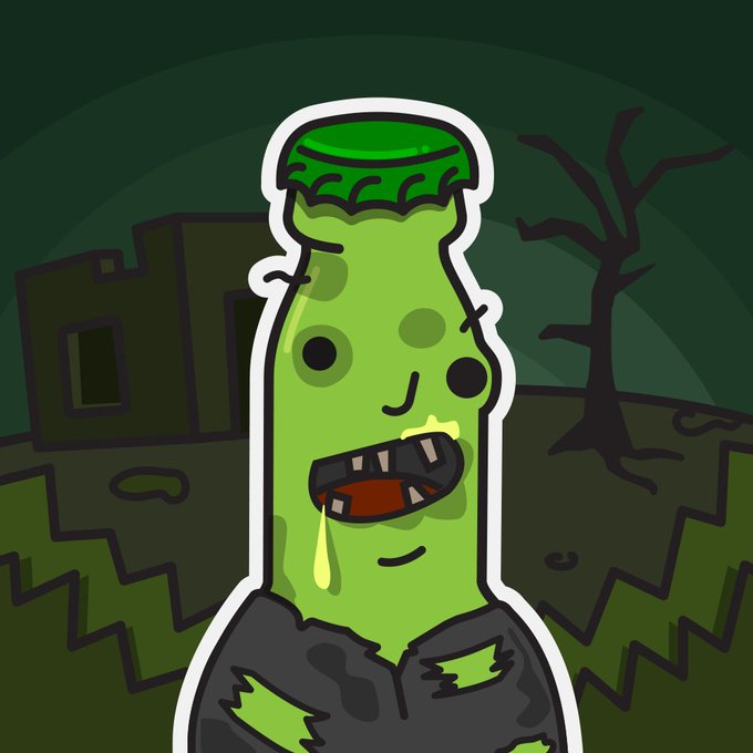 A cartoonish zombie character with green skin, mismatched eyes, missing teeth, and drool dripping from its mouth stands against a dark, post-apocalyptic background featuring a silhouette of a ruined building and a bare tree. The image pairs with a "GM" post referencing a "Mint Date: 24/08," likely teasing an upcoming NFT drop called "Checker," with the zombie's eerie aesthetic fitting a spooky or Halloween-themed collection.