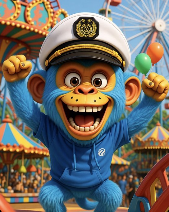 A blue cartoon monkey wearing a white captain's hat with a gold emblem and a blue hoodie appears excited at a vibrant carnival or amusement park with a Ferris wheel and tents in the background.
