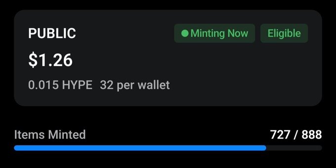 A dark UI panel showing a public NFT minting status with price $1.26, cost 0.015 HYPE, a limit of 32 per wallet, an Eligible badge indicating 'Minting Now', and a progress bar showing 727/888 items minted.