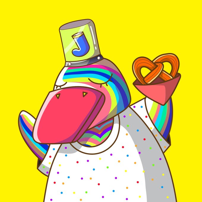A colorful cartoon illustration of a rainbow-striped animal, possibly an axolotl, wearing a glass jar on its head and holding a pink bucket filled with pretzels against a yellow background.
