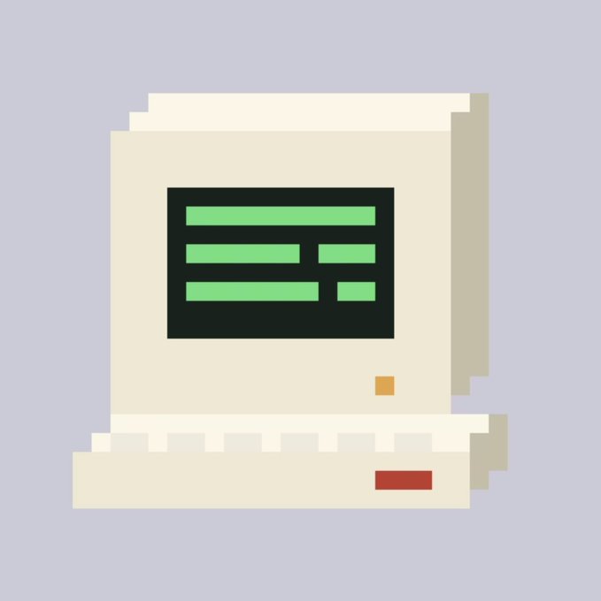 A pixel-art illustration of a vintage beige computer monitor and keyboard displaying green text lines, set against a light purple background.