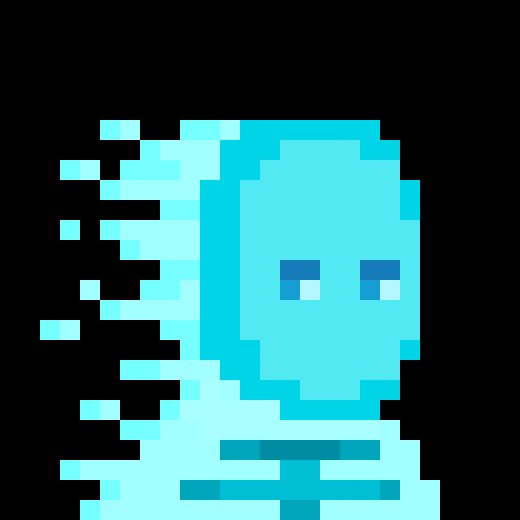 A pixel art sprite of a blue ghost-like character appearing to dissolve into particles on the right side.