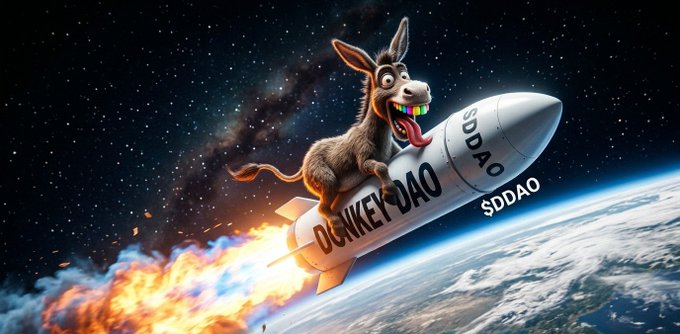 A meme-style illustration of a donkey with a wild expression riding a rocket labeled 'DONKEY DAO' and 'SDDAO' blasting off into space above Earth.