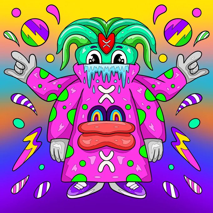 A vibrant, psychedelic cartoon illustration of a pink character with green polka dots, an X (XRP) logo on its forehead, a rainbow mouth, and lightning bolts in the background.