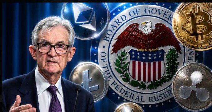 Federal Reserve Chair Jerome Powell speaks at a podium alongside the seal of the Federal Reserve Board of Governors, surrounded by Bitcoin, Ethereum, Litecoin, and Ripple cryptocurrency coins. The image visually represents the post's theme of the FOMC meeting minutes and their potential impact on the crypto market, particularly Bitcoin.