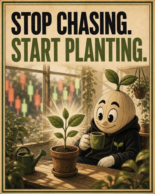 A vintage-style poster features a character with an onion-shaped head drinking coffee while watching a small plant grow, accompanied by the text "STOP CHASING. START PLANTING." The image illustrates the theme of long-term growth and patience, using the plant and windowed background of stock market candlesticks as metaphors for steady investing.