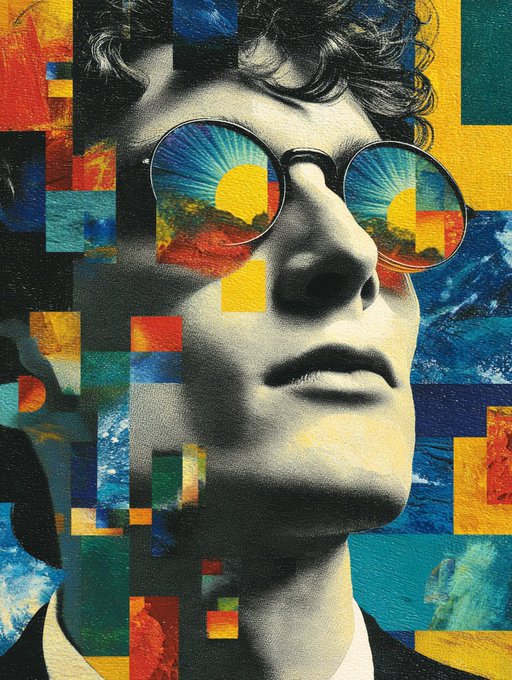 An artistic collage featuring a black-and-white portrait of a person wearing sunglasses, with the lenses reflecting vibrant sunsets and the surrounding space filled with colorful rectangular blocks.