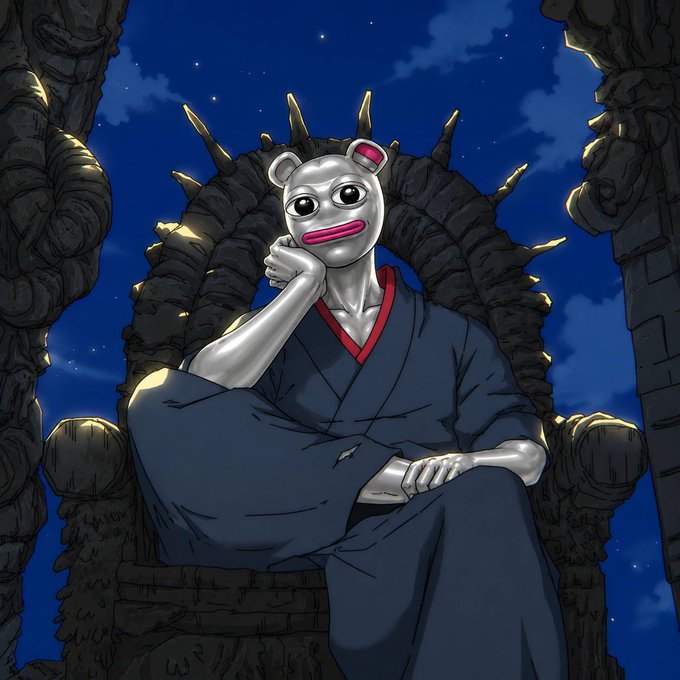 An illustrated character with a metallic humanoid face and bear-like ears sits on a stone throne, wearing a blue robe with red trim against a starry night sky.