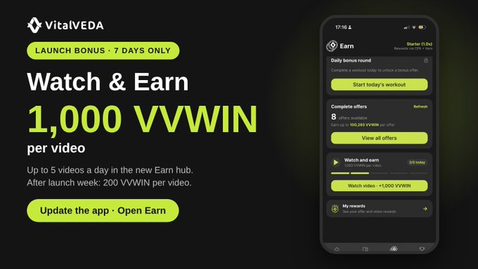 A black-and-neon promotional graphic for VitalVeda reads “LAUNCH BONUS · 7 DAYS ONLY,” “Watch & Earn,” and “1,000 VWIN per video,” with a phone mockup showing the Earn app.