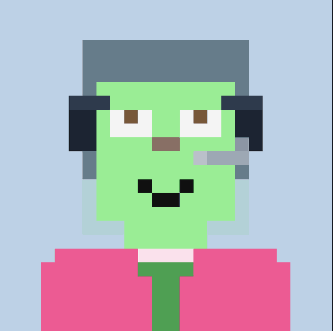 A pixel art portrait of a green-skinned character wearing headphones and a pink jacket appears alongside a promotional post announcing a "Wall Street NYC StonkBroker dinner" for NFT holders.